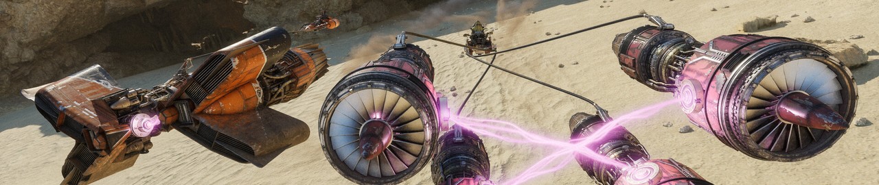 Podracers in Star Wars: Galactic Racer (featured crop) Two podracers kicking up sand on a canyon course in Star Wars: Galactic Racer