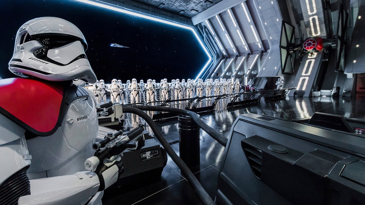 Rows of stormtroopers lining the Star Destroyer hangar on Rise of the Resistance at Hollywood Studios