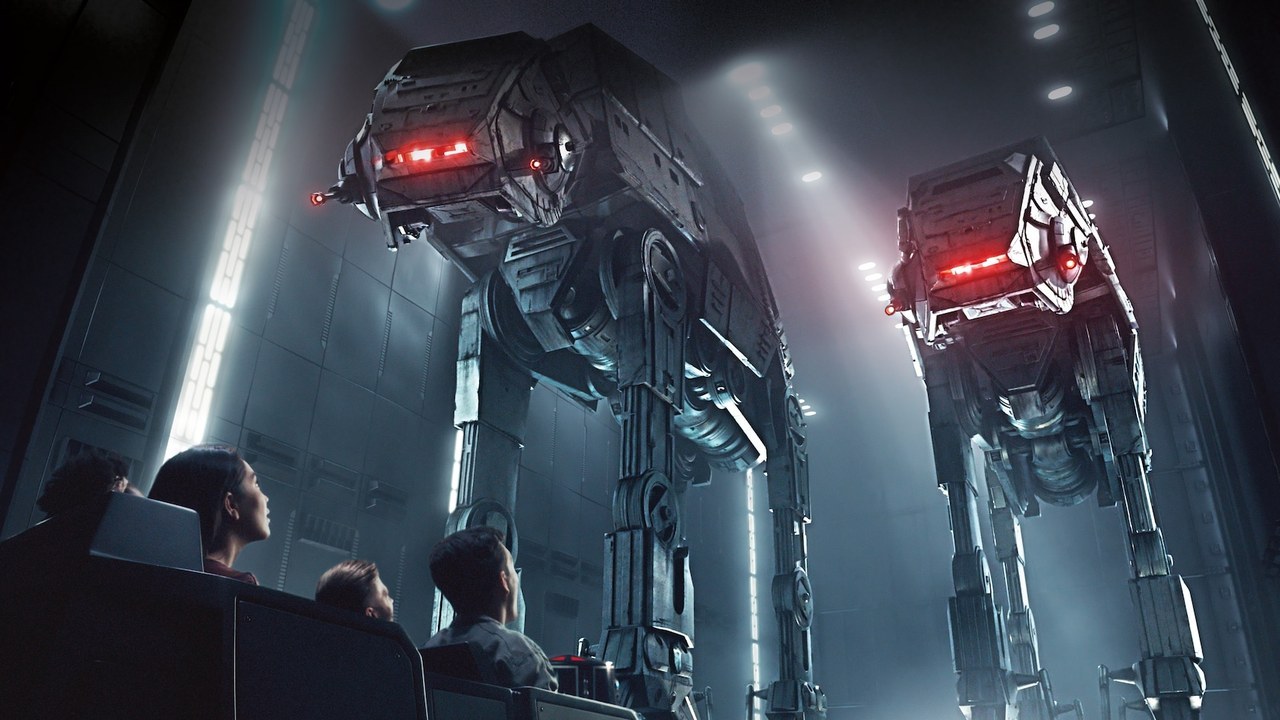 Rise of the Resistance featured image 1280×270 1280×720 AT-AT walkers with red lights inside the hangar on the Star Wars ride at Hollywood Studios