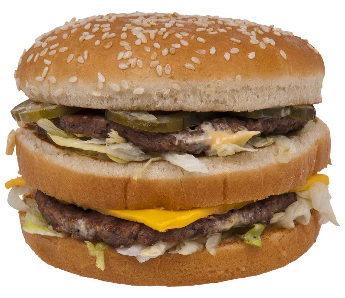 A McDonald's Big Mac with two beef patties, lettuce, cheese, and sauce on a sesame seed bun