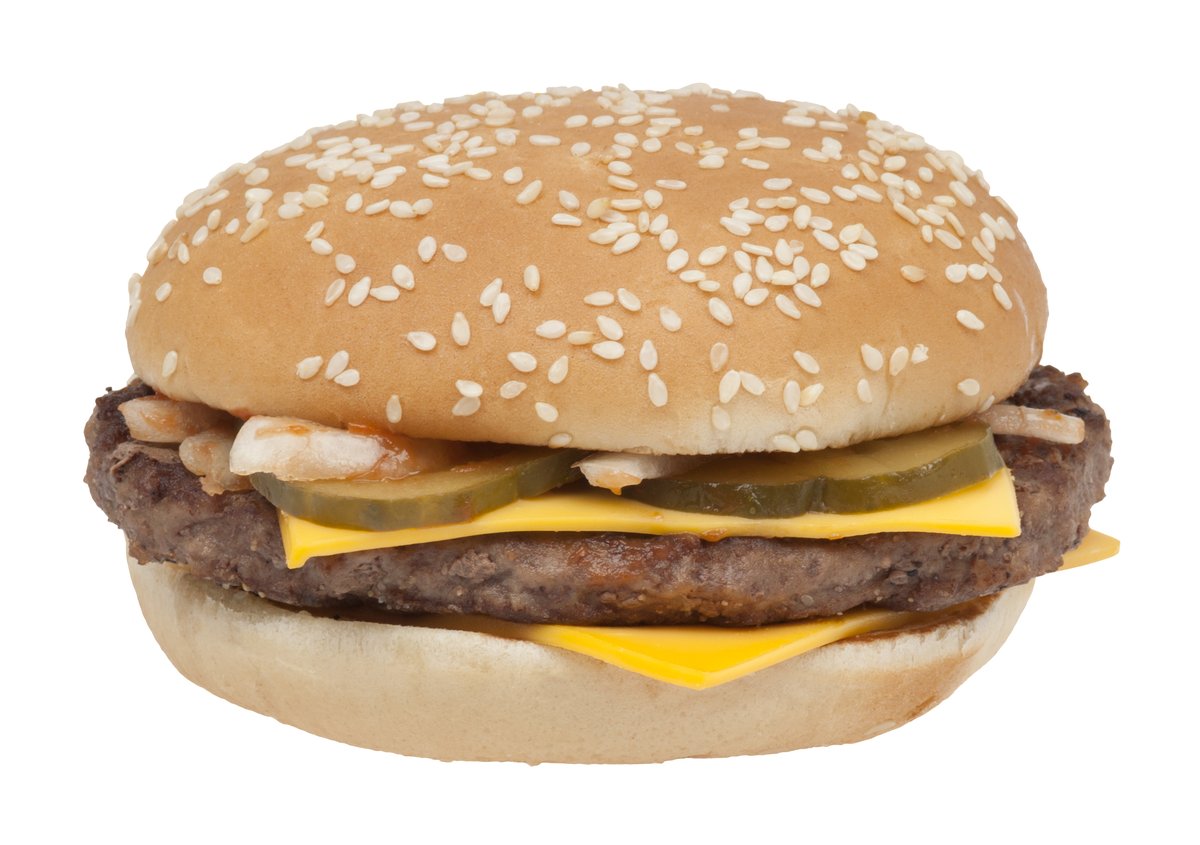 A McDonald's Quarter Pounder with Cheese on a white background