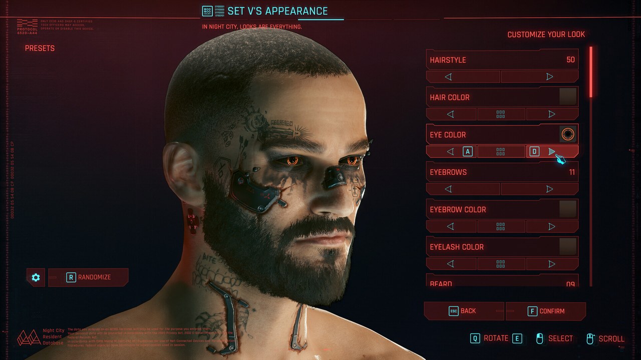 The Cyberpunk 2077 character creator showing a tattooed V with cybernetic face implants