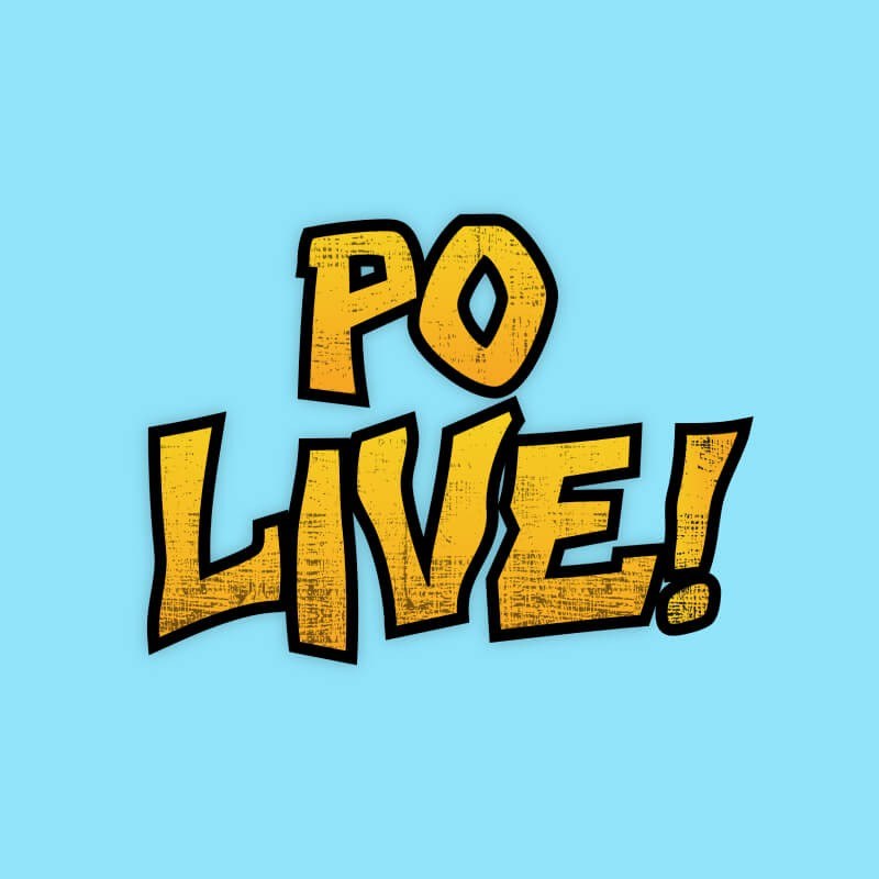 The yellow logo for Po's show on a light blue background