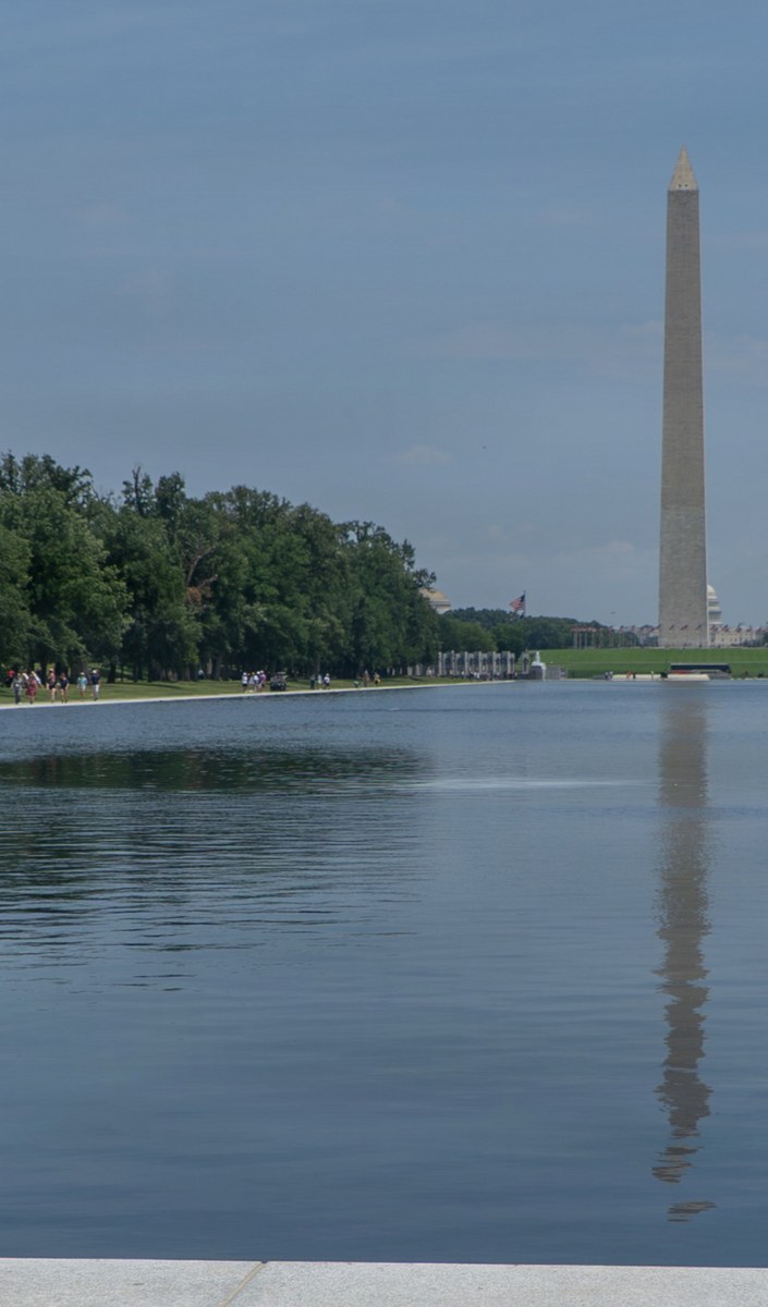 The refilled Lincoln Memorial Reflecting Pool with the Washington Monument reflected in the water