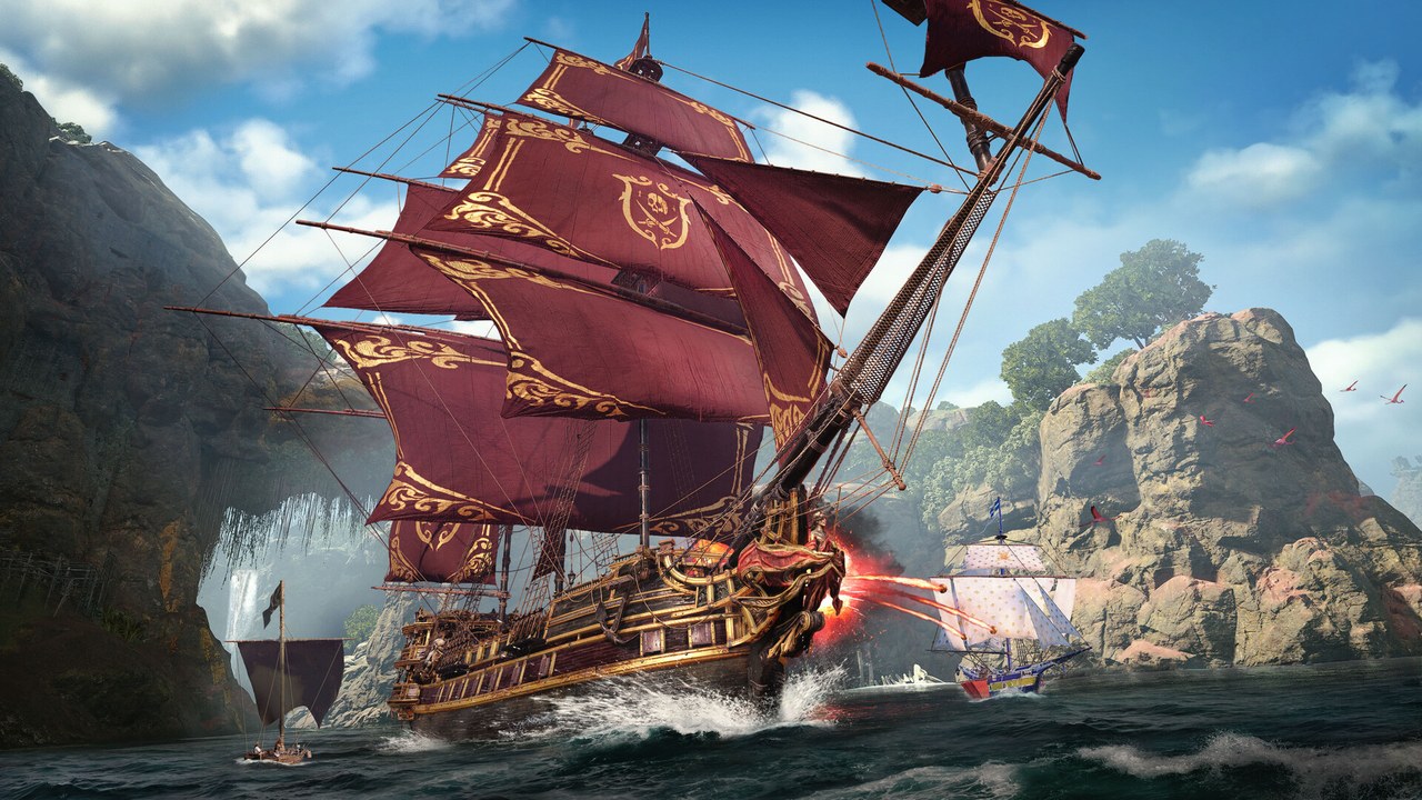 A pirate ship with red sails cuts through rough water near rocky cliffs