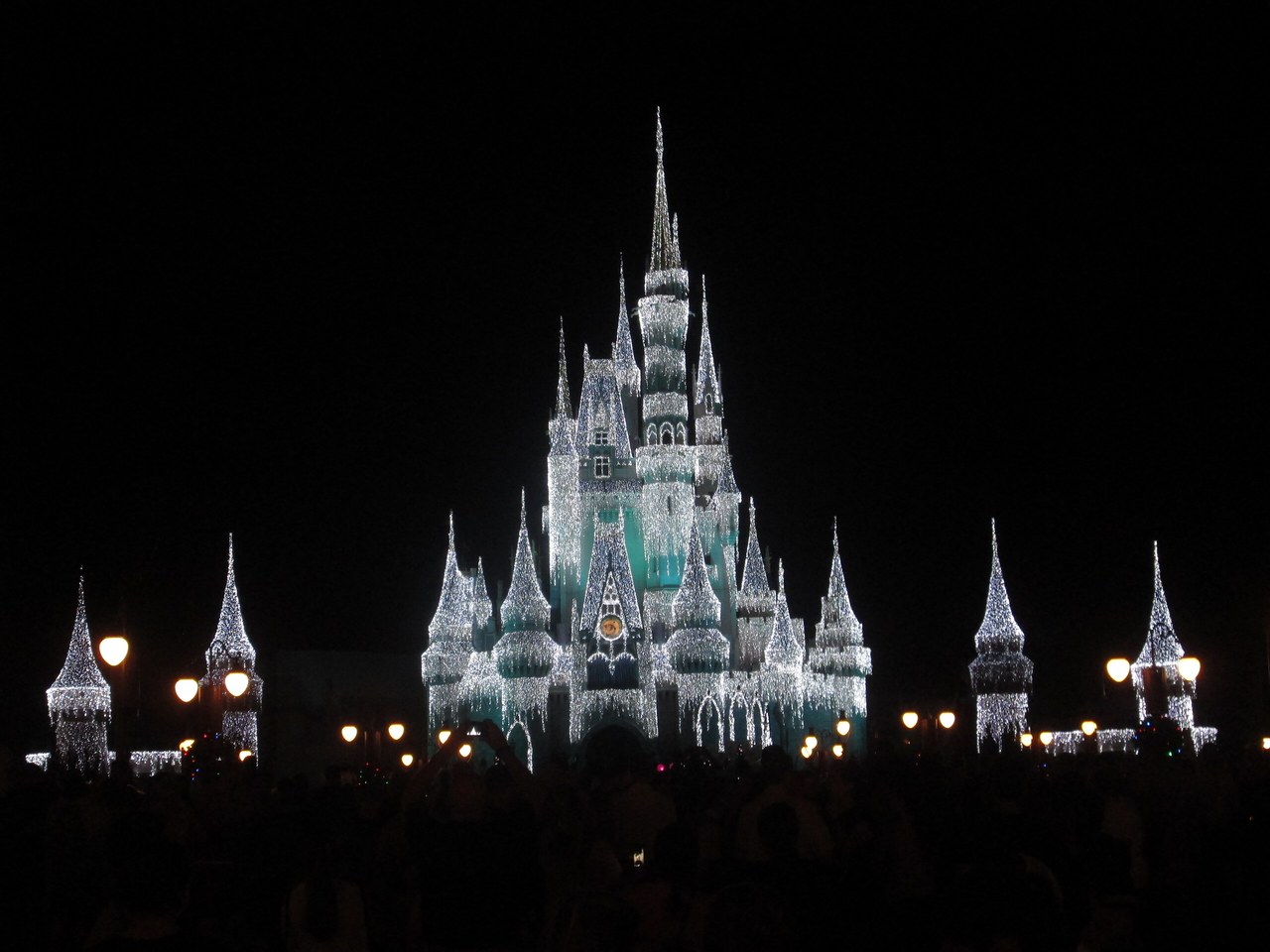 Cinderella Castle covered in white holiday lights against a black night sky