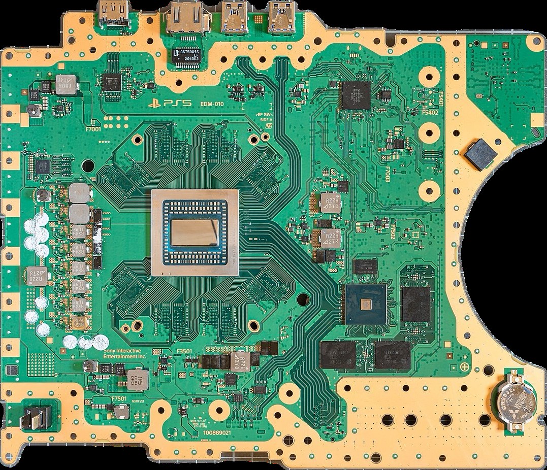 The green circuit board inside a PlayStation 5, with the processor and memory chips around it