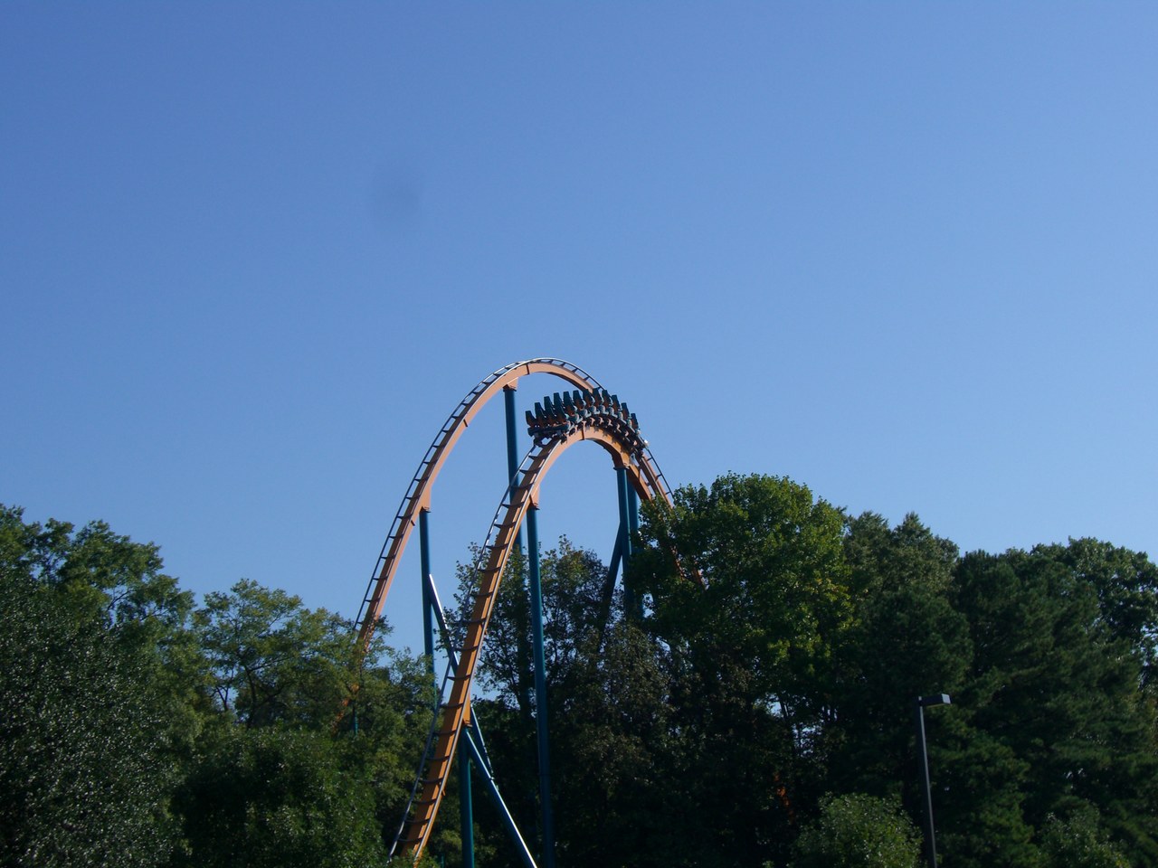 Goliath's orange track rising above the trees at Six Flags Over Georgia