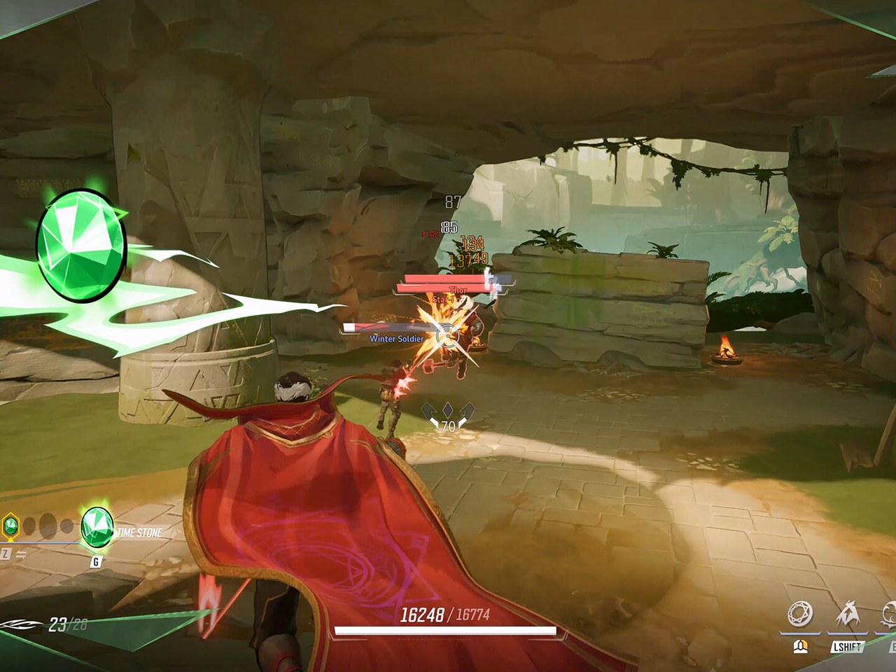 A Marvel Rivals hero in a red cape firing at an opponent on a jungle map, with the match HUD on screen
