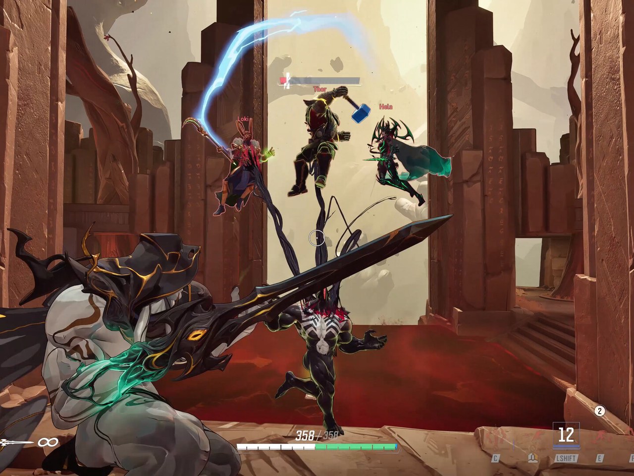 Several Marvel Rivals heroes fighting in the air and on the ground inside a stone temple arena