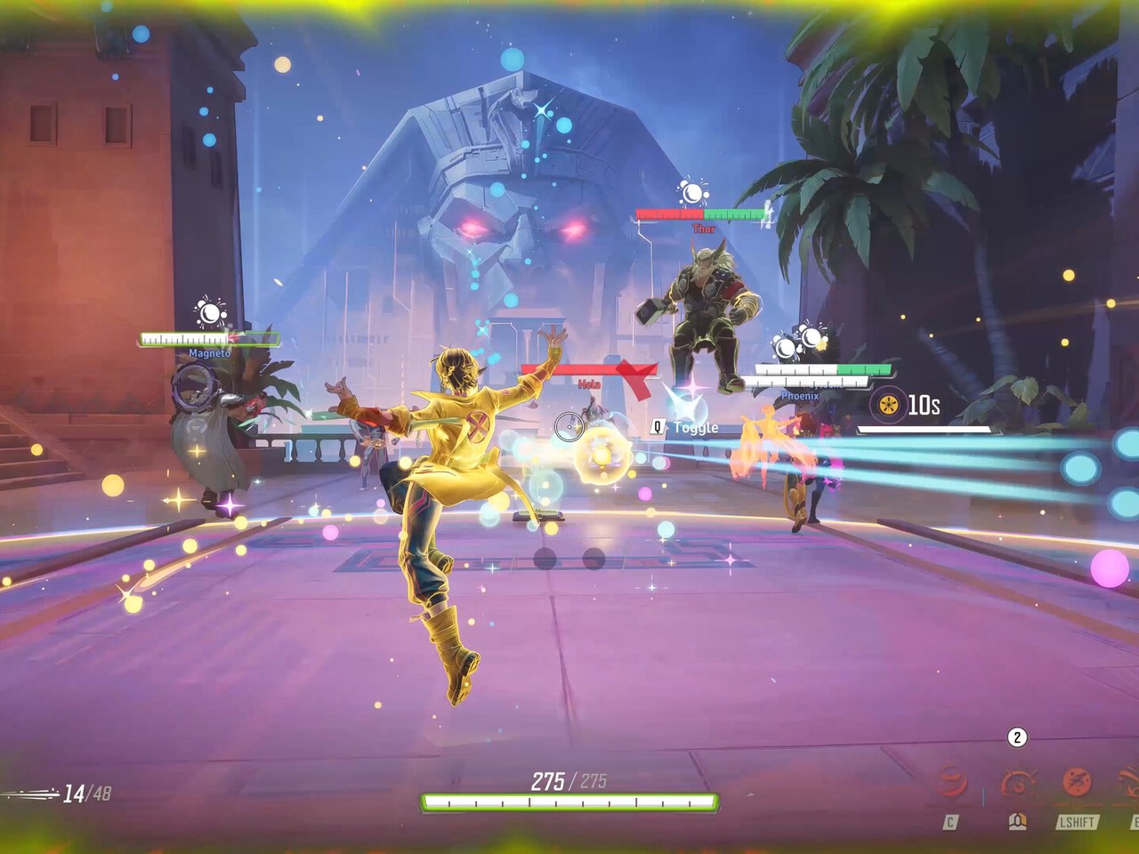 A Marvel Rivals hero leaping across a glowing arena floor during a team fight