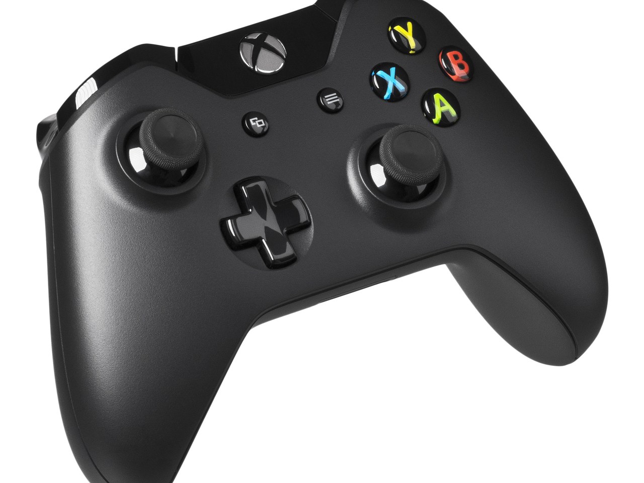 A black Xbox One controller on a white background