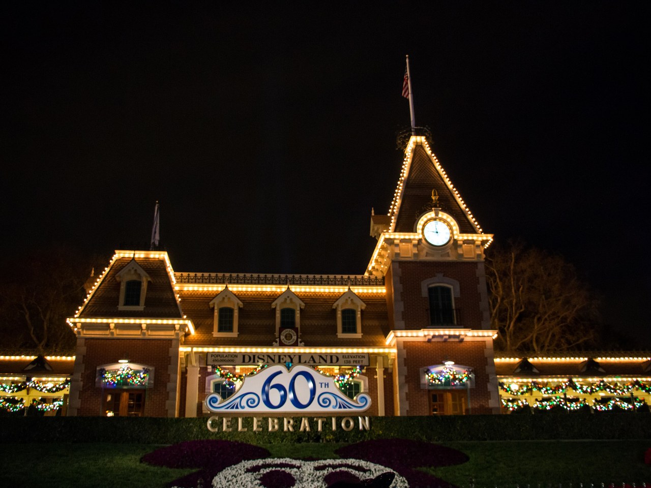 The Disneyland Railroad station on Main Street at Christmas