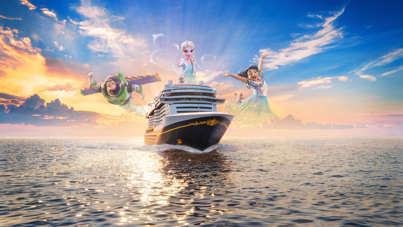 Disney Believe key art with Buzz Lightyear, Elsa and Mirabel Concept art of the Disney Believe cruise ship at sea with Buzz Lightyear, Elsa and Mirabel in the sky