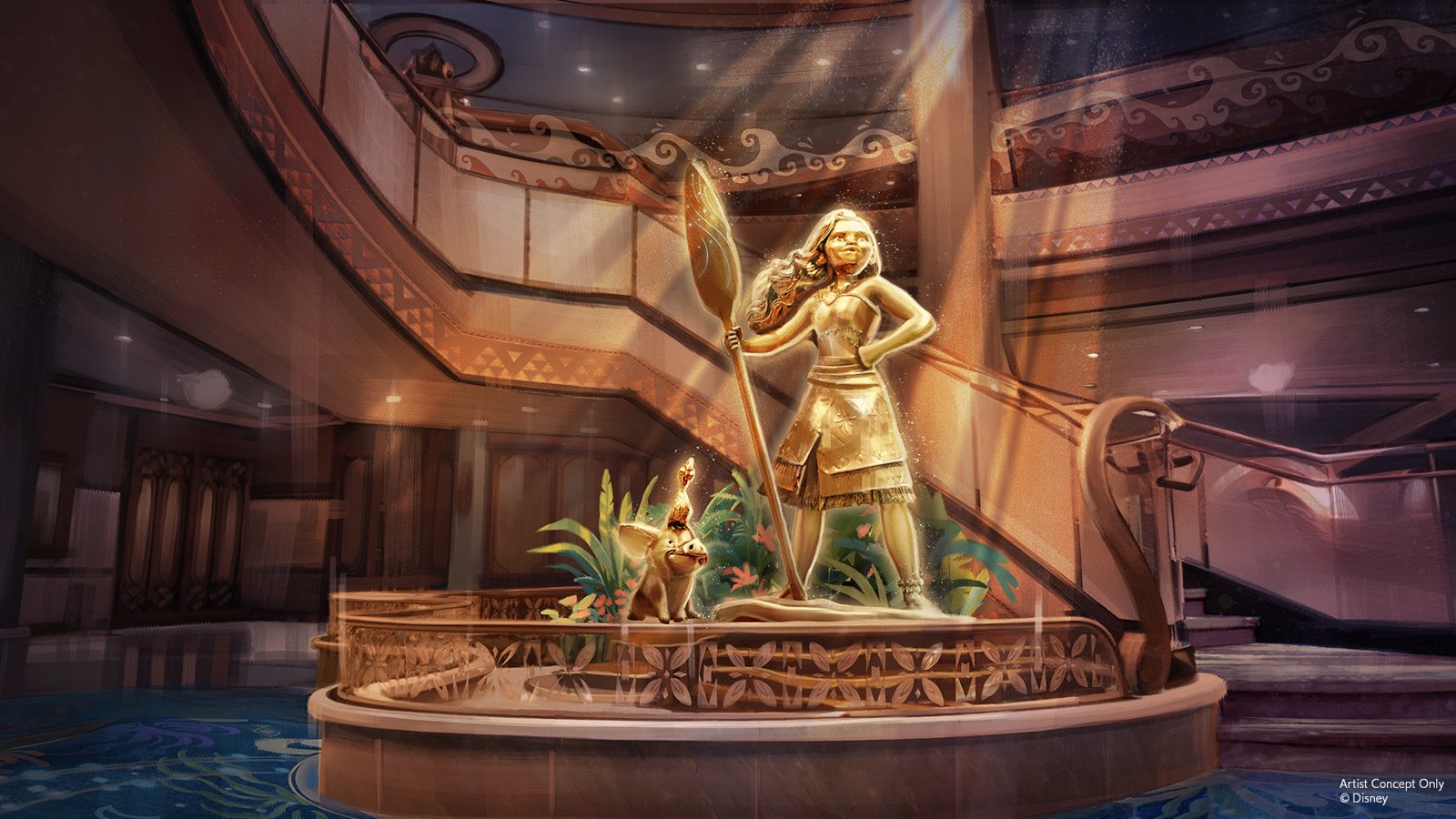 Golden statue of Moana with Pua and Heihei in the Grand Hall of the Disney Believe