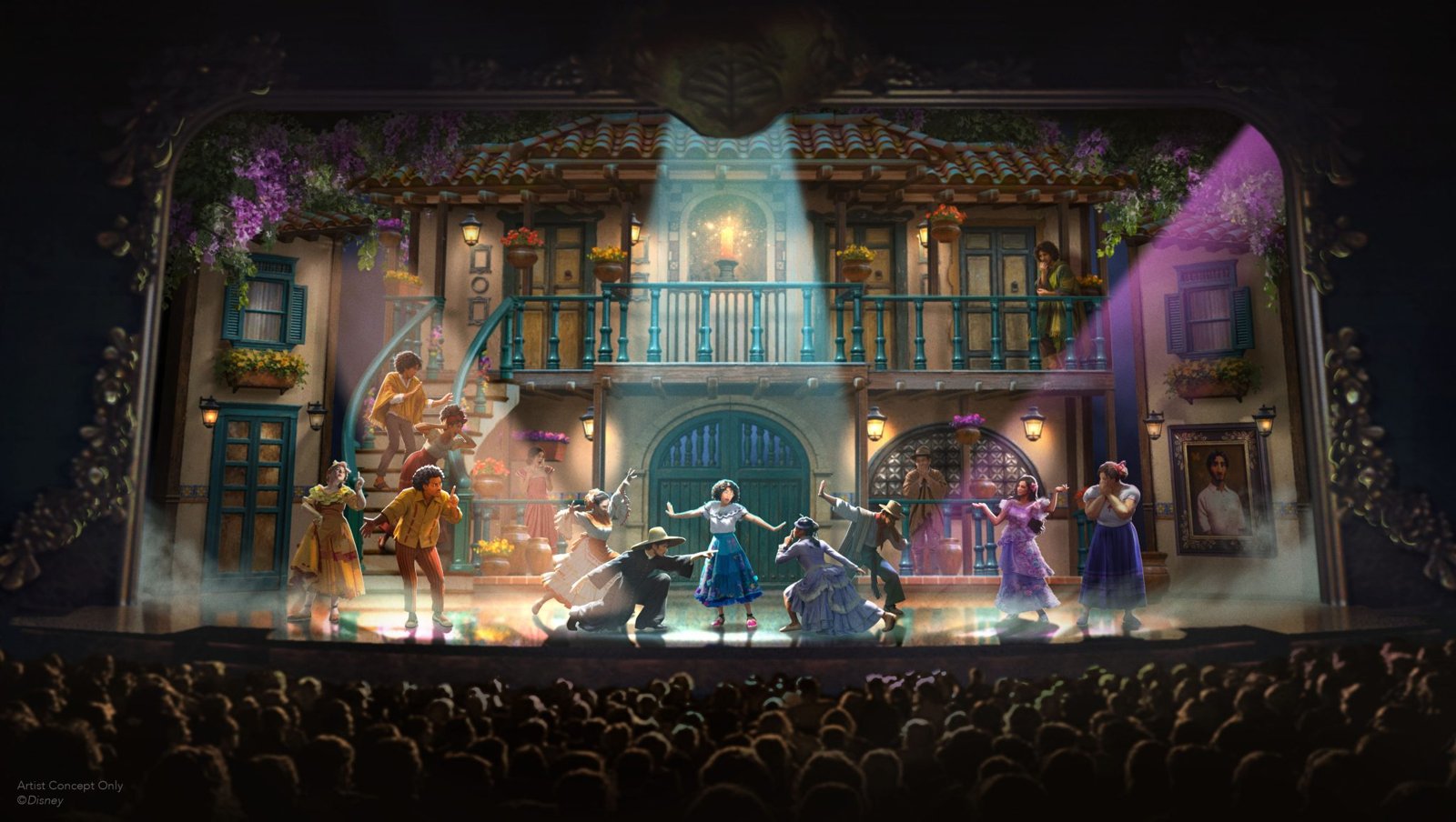 Stage concept art of the Disney Encanto musical with Mirabel and the Madrigal family in front of their house