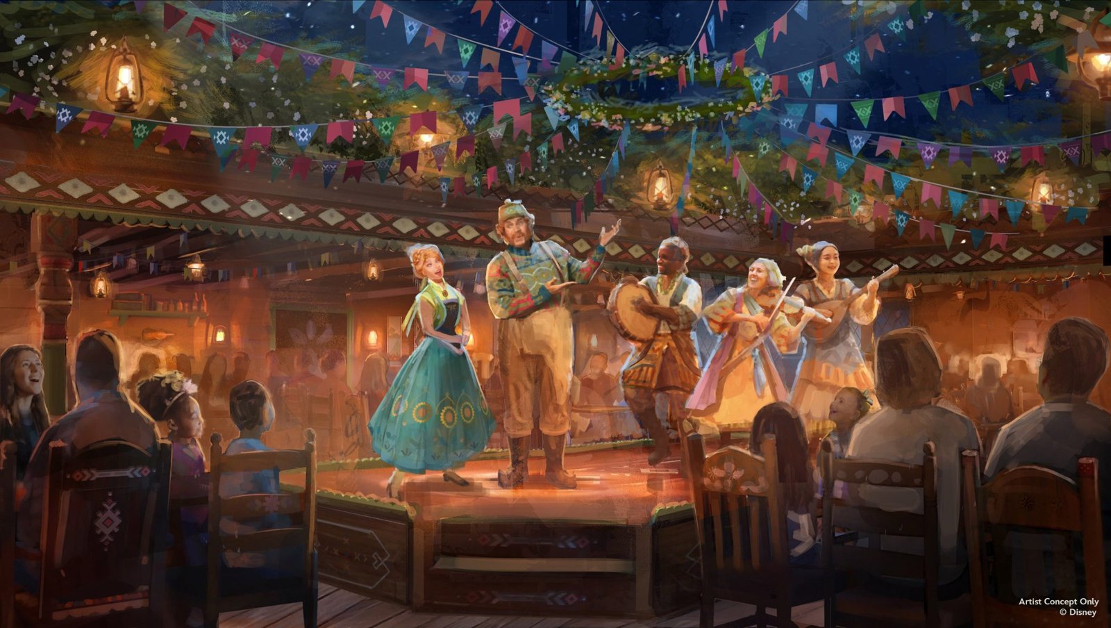 Oaken and his family performing on a stage for diners at Oaken's Table on the Disney Believe