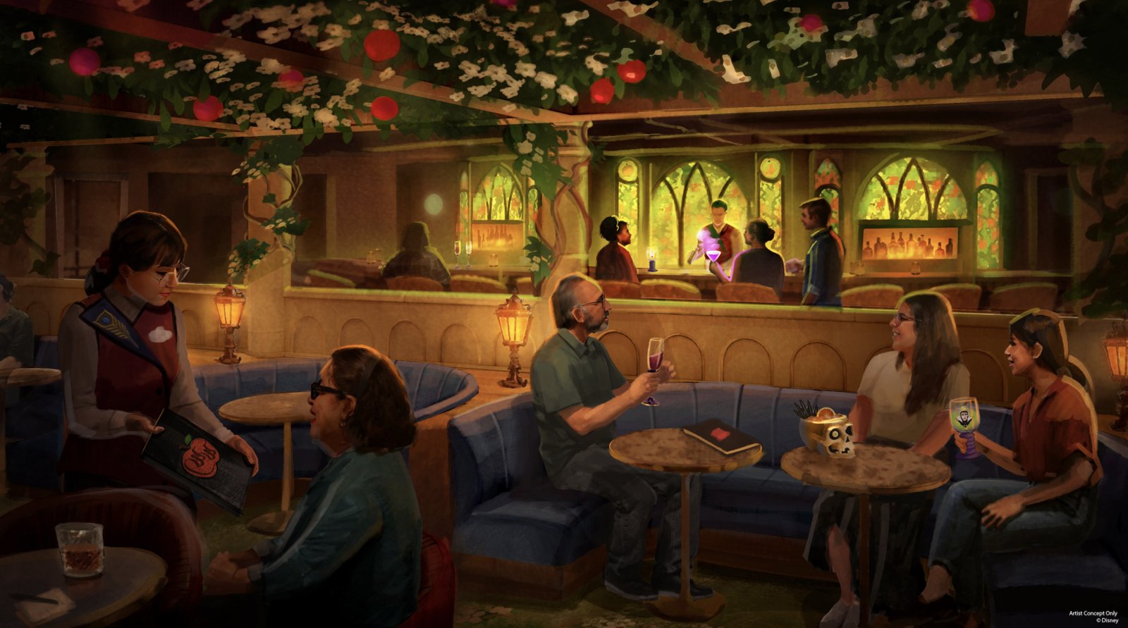 Guests seated in the Wishing Well lounge beneath white blossoms and red apples with stained glass behind the bar