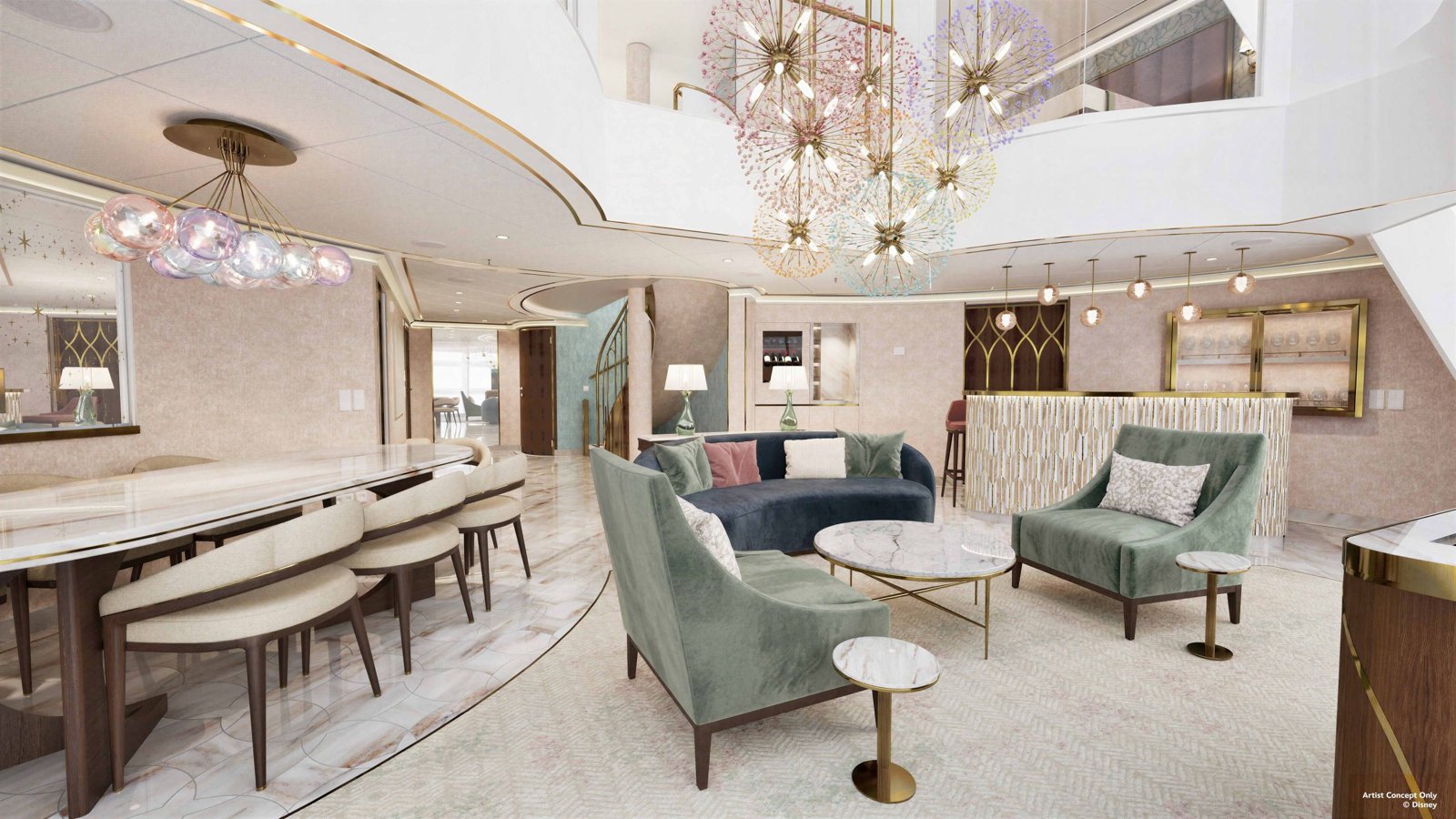Living room of the two-story Believe Tower Suite with balloon-inspired light fixtures and floor-to-ceiling windows