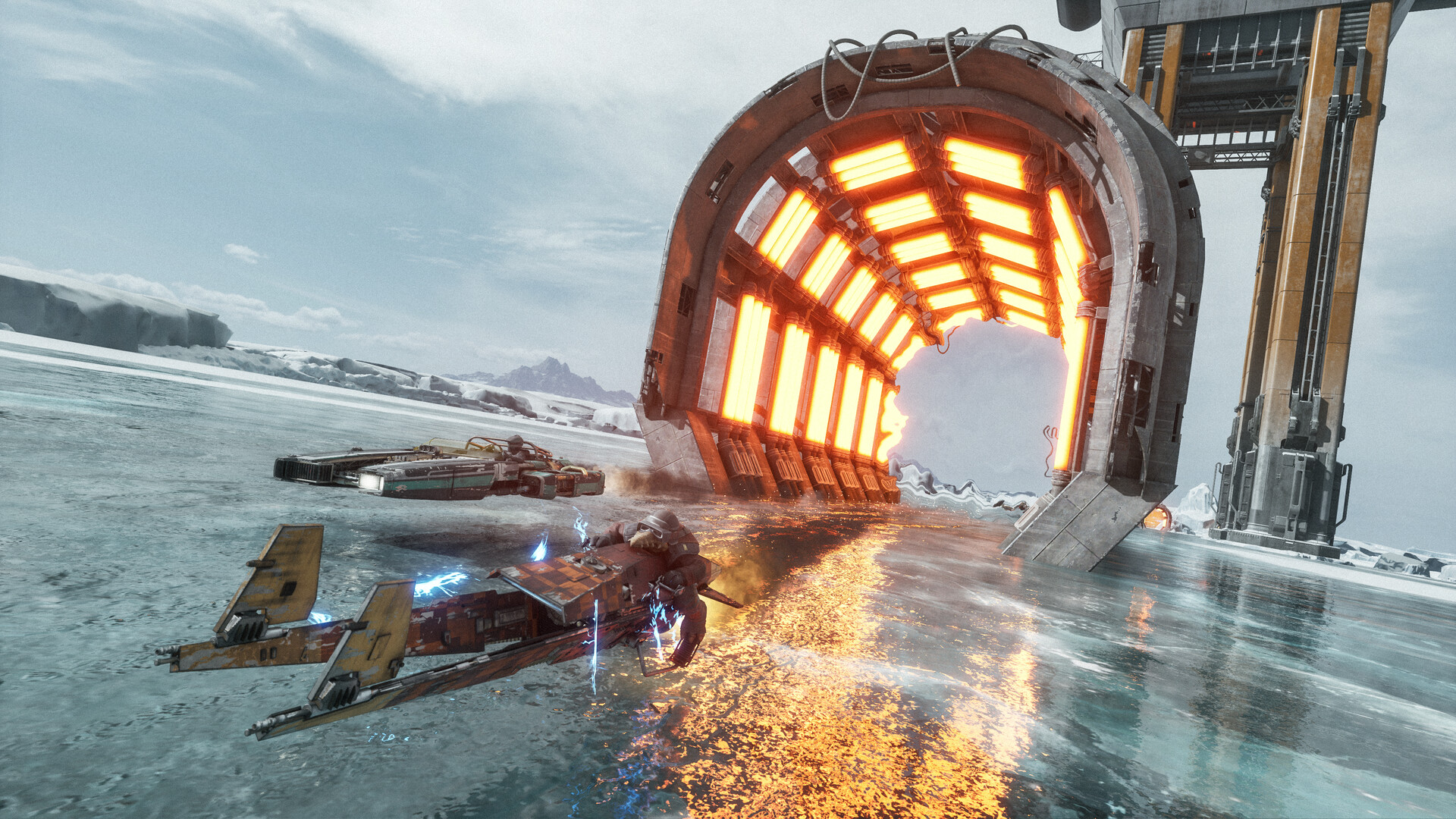 Two speeders racing over ice toward a glowing orange archway in Galactic Racer