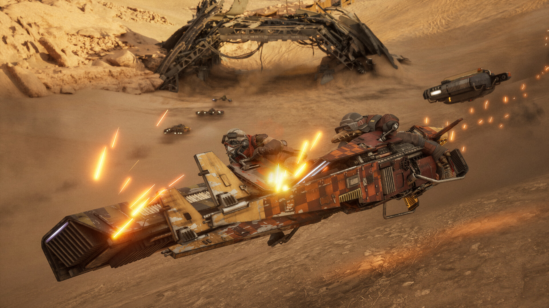 A battered speeder carrying two pilots under fire on a desert track in Galactic Racer