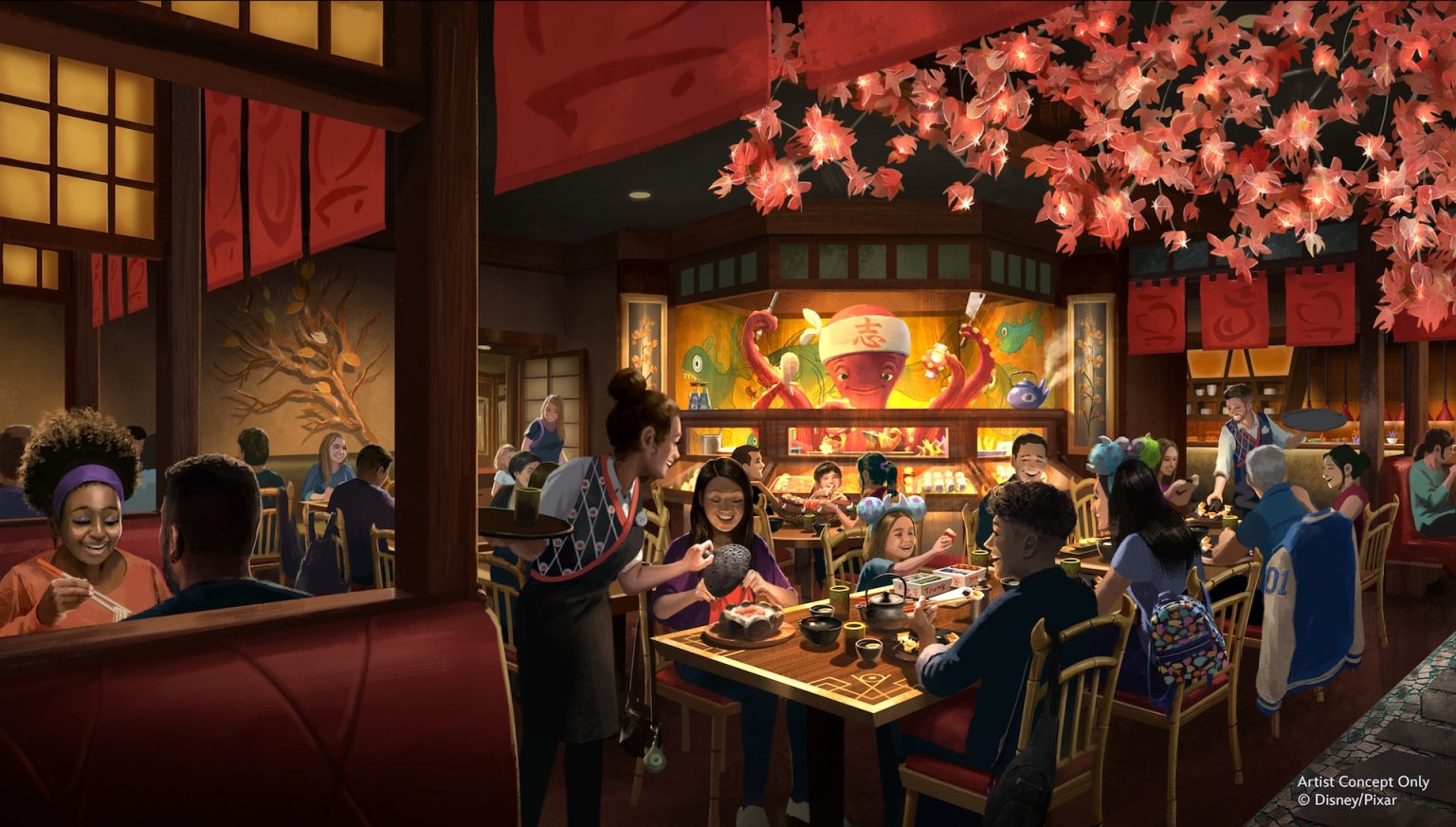 Harryhausen’s concept art, Monstropolis Concept art of the Harryhausen's dining room with an octopus sushi chef behind the counter and families eating at tables