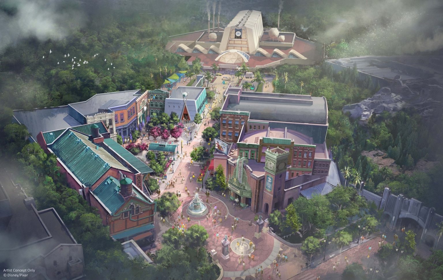 Aerial concept art of Monstropolis with the Monsters, Inc. factory, the Glob Theater, and a central fountain plaza