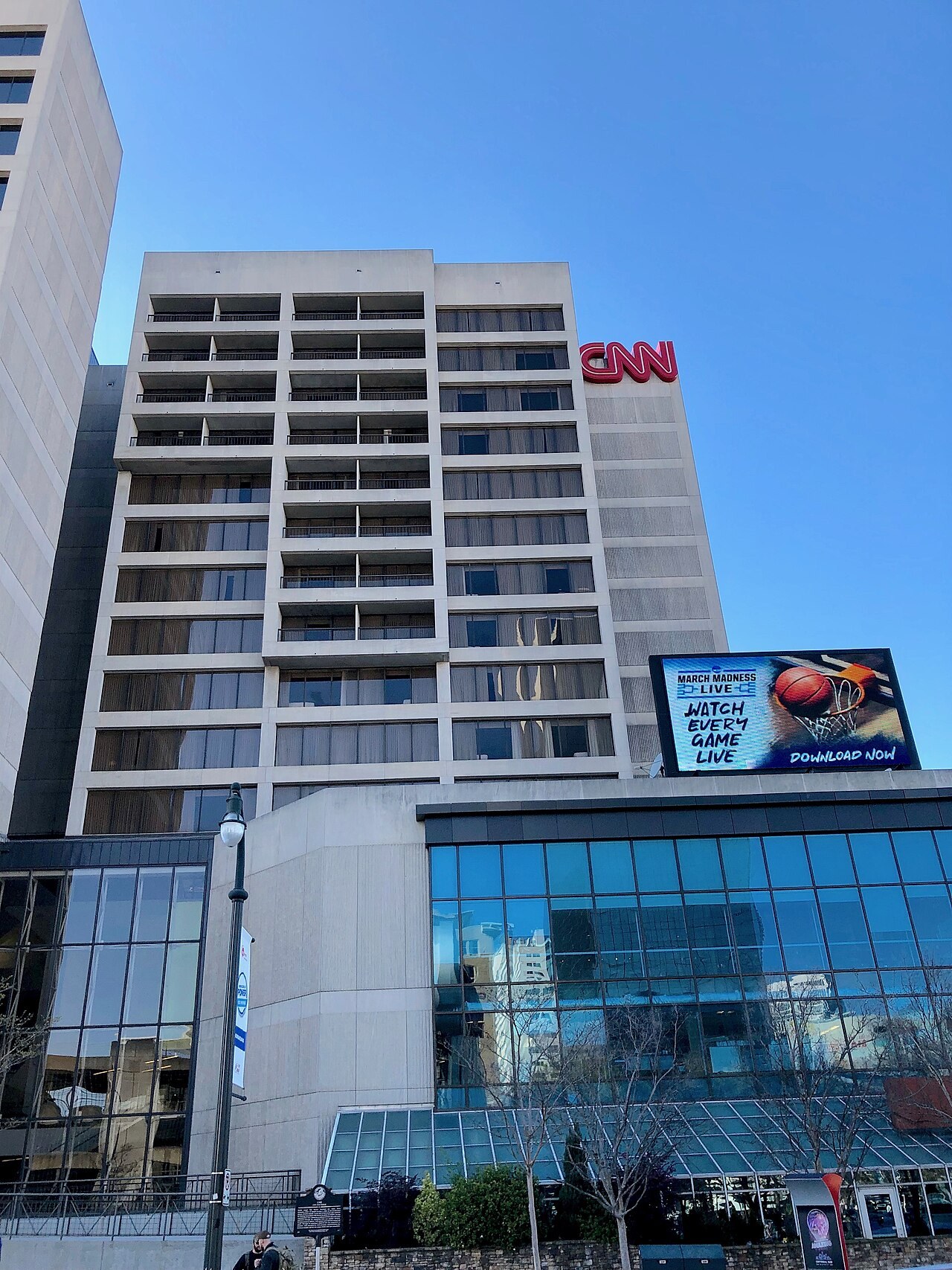 The CNN Center building in Atlanta with the red CNN logo near the top