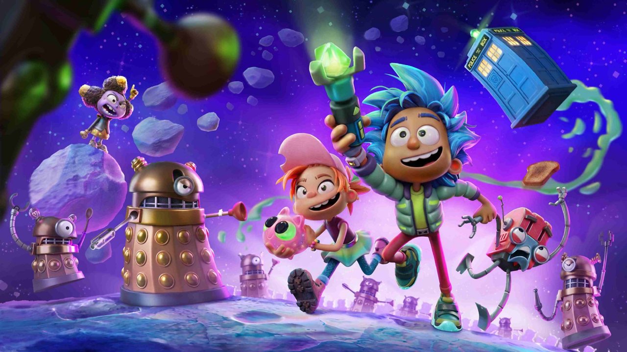 p0pf2swk Cartoon children in a Doctor Who-inspired landscape